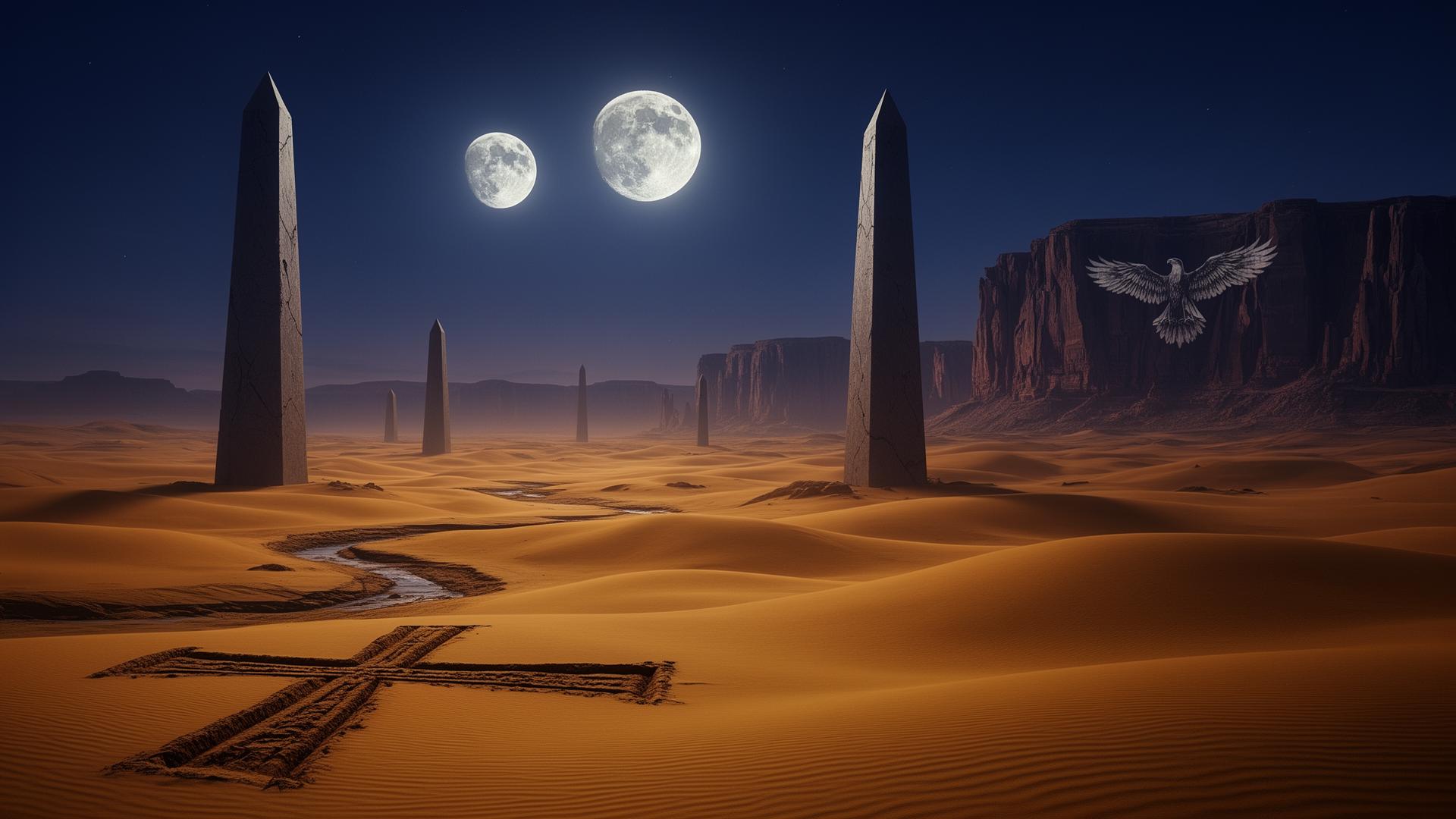 Twin moons over a desert of monolithic obelisks